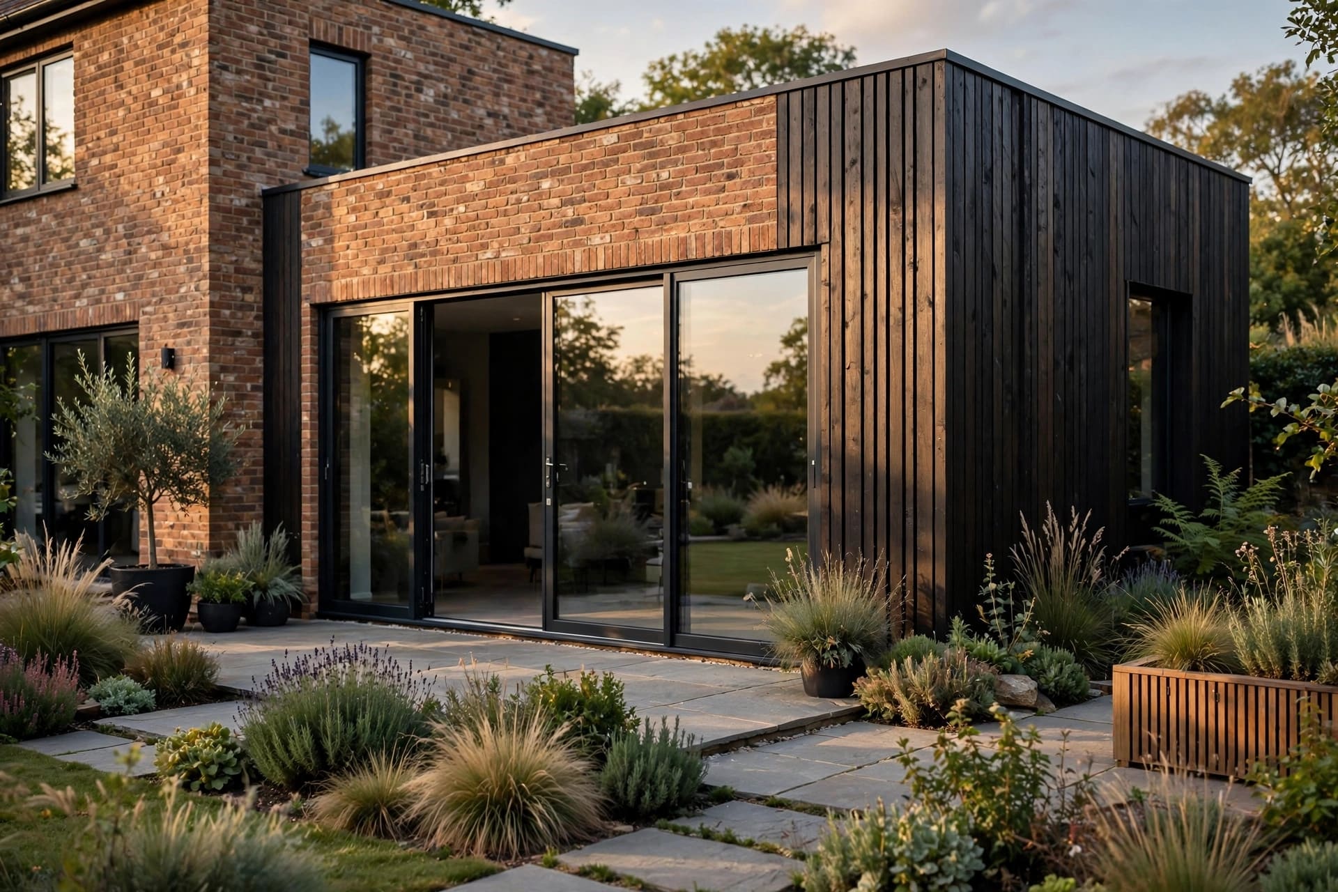 Rear extension with large glass doors and timber cladding