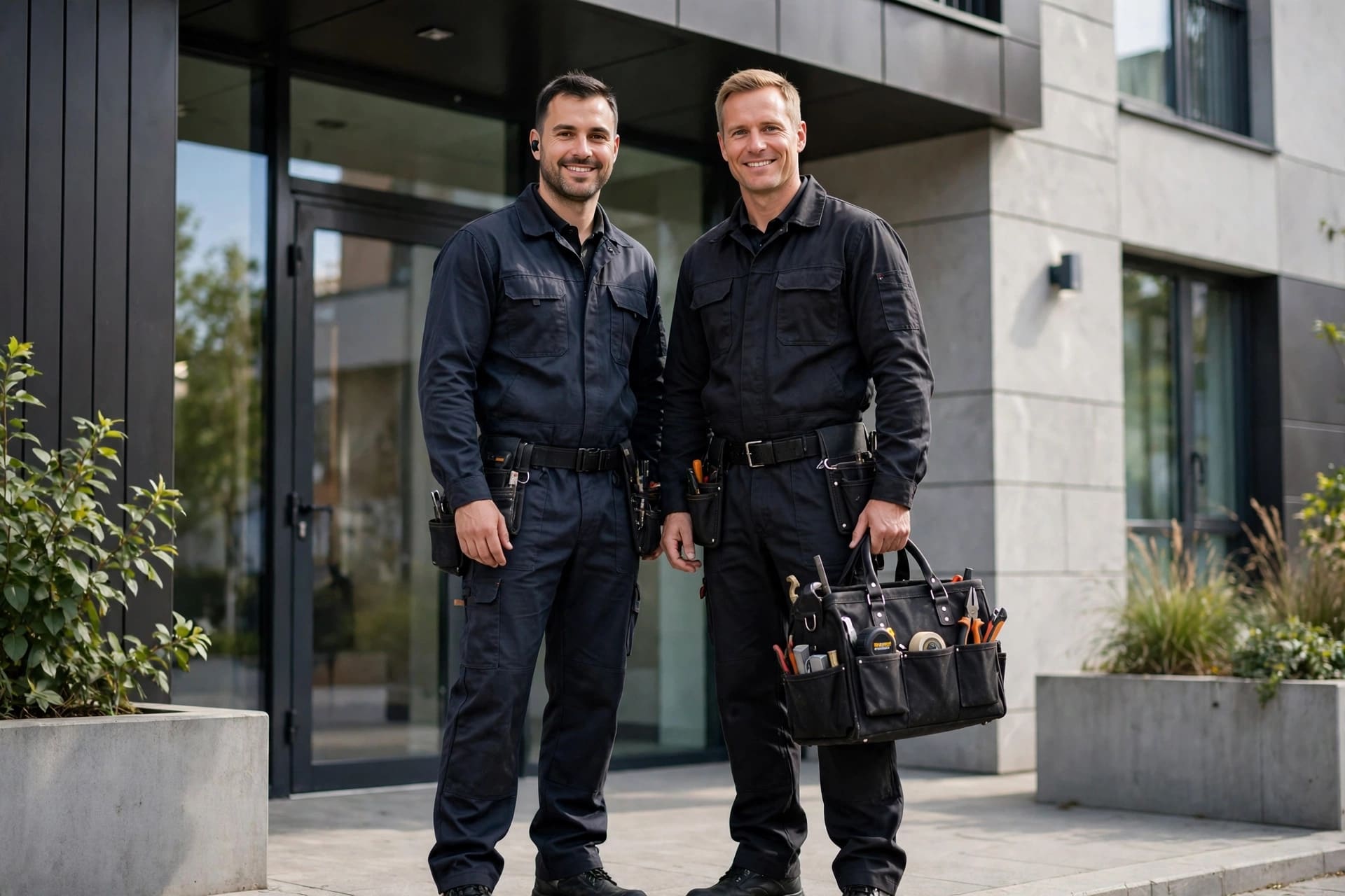 Two renovation tradespeople outside a London building