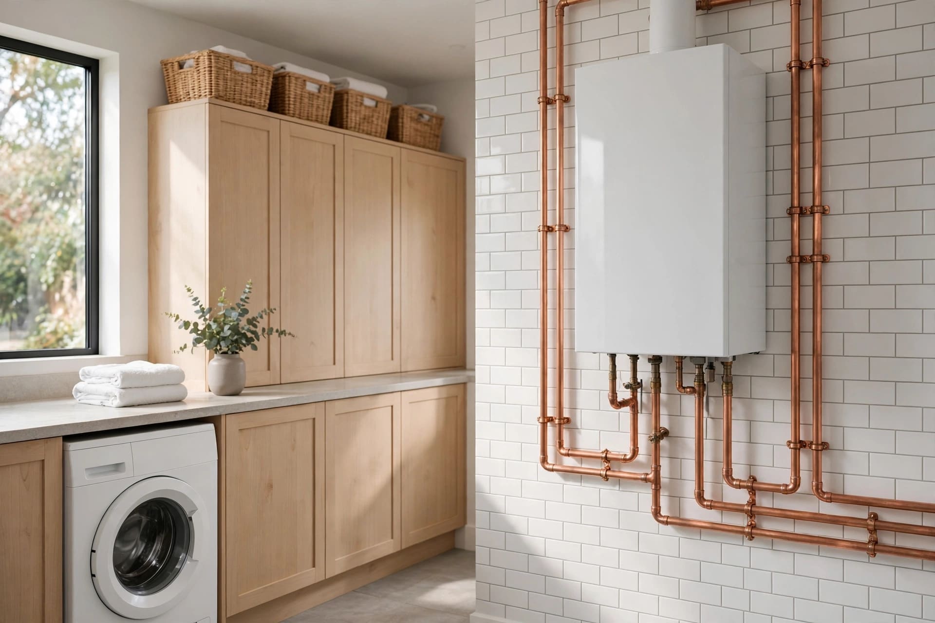 Bright utility room with boiler and fitted cabinetry