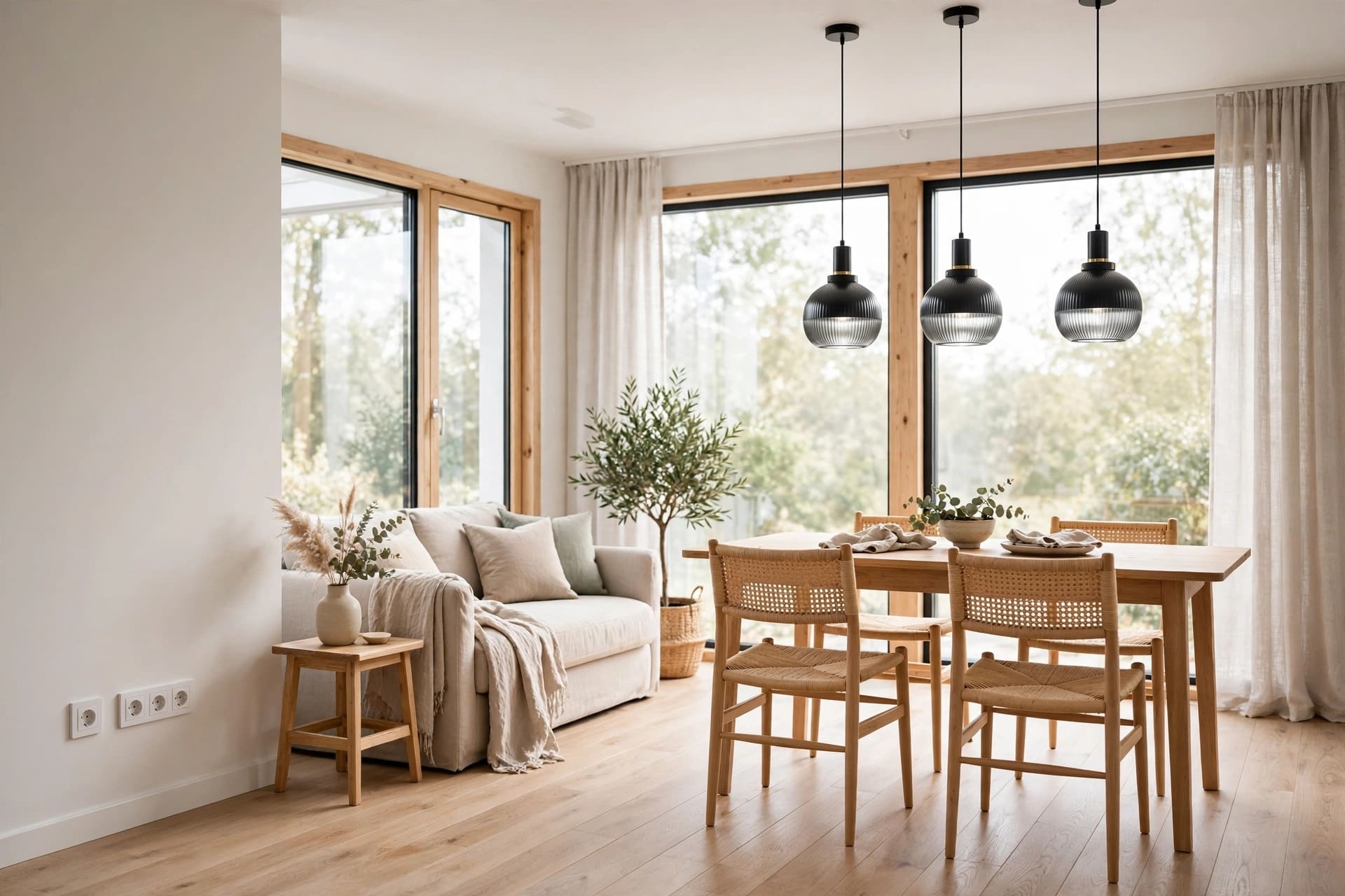 Bright Scandinavian living and dining room