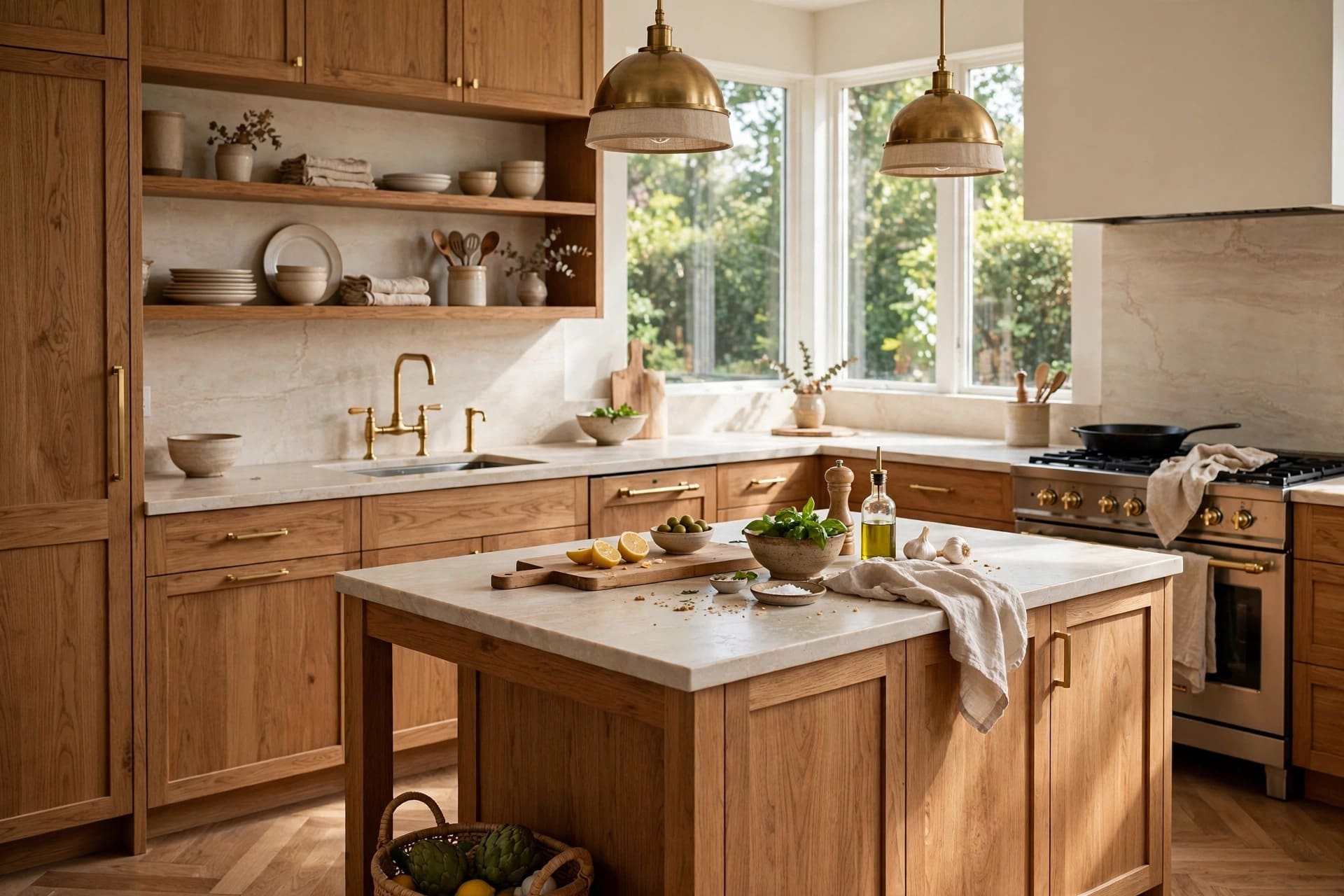 Finished kitchen with oak cabinetry and brass fittings