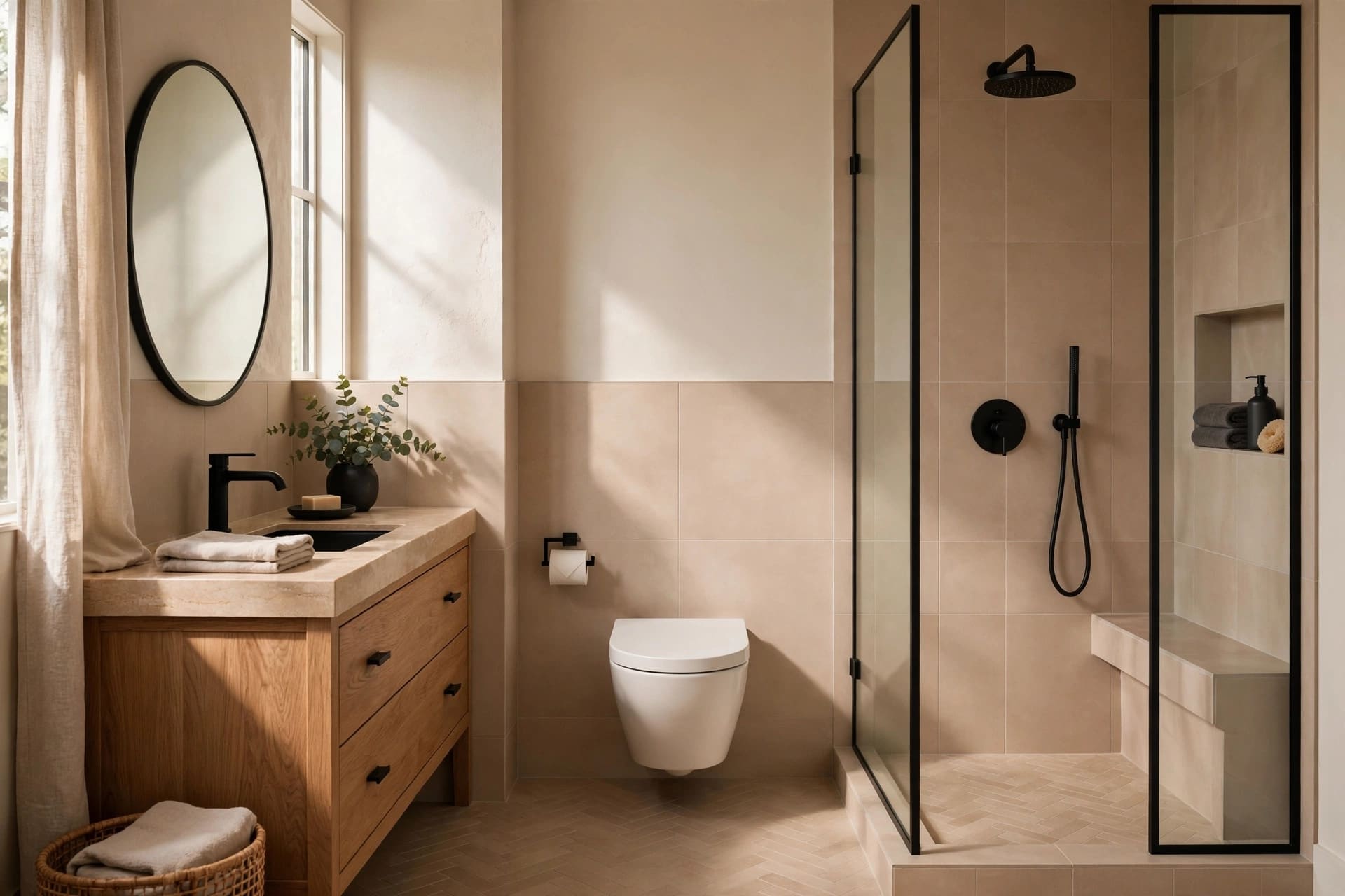 Finished family bathroom with walk in shower and stone tiles