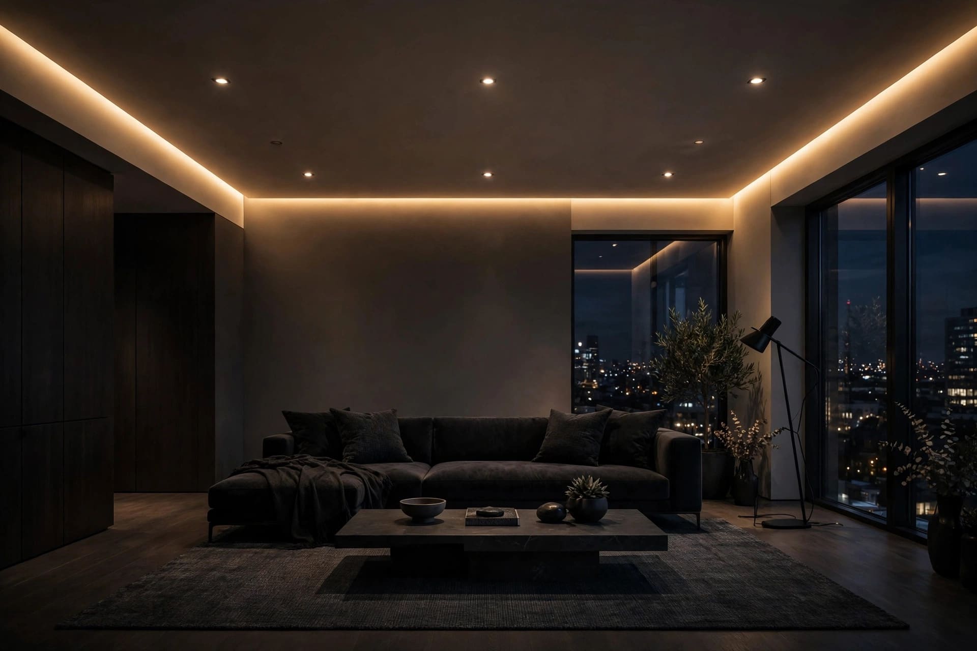 Moody living room with dark sofa and warm cove lighting
