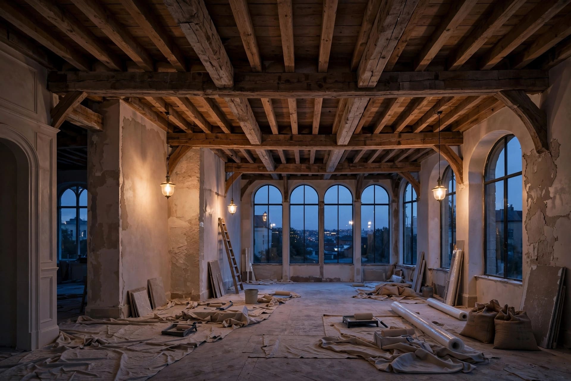 Renovated interior at dusk with warm timber beams